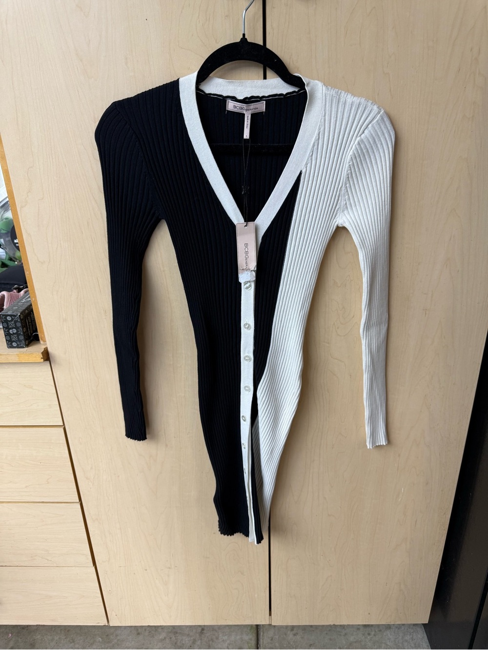 BCBGeneration Black & White Split Ribbed Button Cardigan